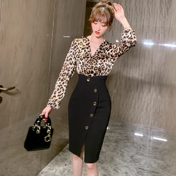 new sosire moda primavara midi rochie de petrecere femei OL temperament sexy leopard negru împletit acetat de lungă maneca rochie slim