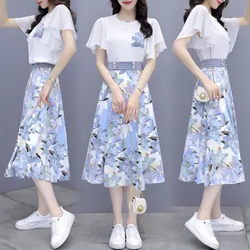 Fusta Eleganta, Costume Femei Bluza + Print Floral Fuste Coreean Set De Două Piese Costum De Moda De Sex Feminin 2022 Îmbrăcăminte E25