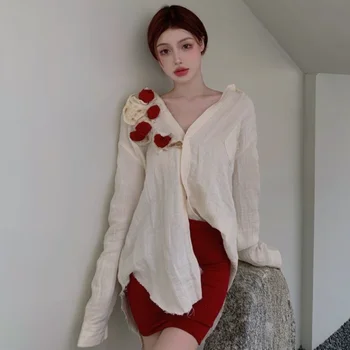 Femei Chic 3D Flori Cutat Bluza de Toamna Retro 3D Trandafiri Neregulate Tricouri Cardigan cu mâneci Lungi Culturilor Topuri Blusas Mujer 2022
