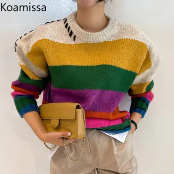 Koamissa Moda Curcubeu Puloverul cu Dungi pentru Femei coreene Doamnelor de Cauzalitate Liber Pulovere Tricotate Femme Uza Pulovere Topuri Chic