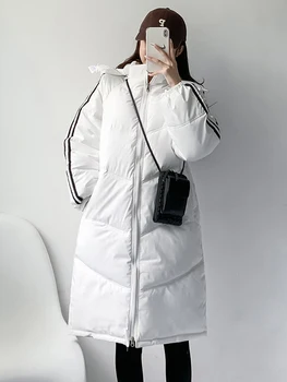 2022 Iarna cu Dungi Haină Lungă de Moda pentru Femei Sacou Hanorac cu Fermoar Solid Guler Mid-lungime Streetwear Cald Bumbac Sacou în Jos