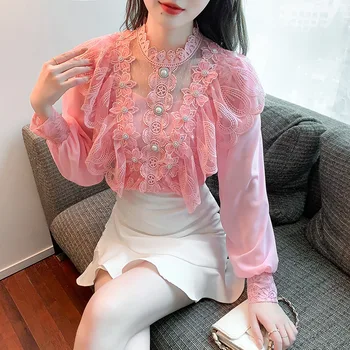 Femei Bluze cu Maneca Lunga Bluza Blusas Mujer De Moda Verano Elegantes Tricouri Primăvara și Vara Volane din Dantela Versiunea coreeană