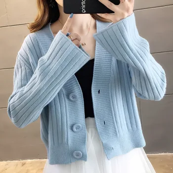 DTSTARZG maneci Scurte pulover tricotate cardigan femei 2020 coreea drăguț V-gat buton palton femei casual pulover albastru