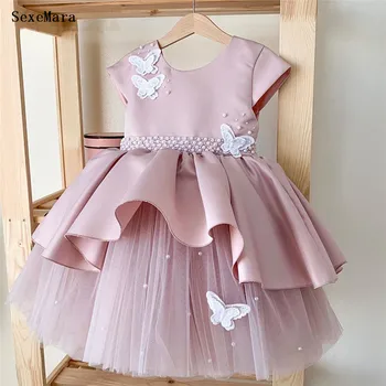 Roz Baby Girl Dress Perle Talie 3D Fluture Copil Ziua de nastere Rochie de Printesa Frumoasa Rochie de Petrecere Copil Dimensiunea 1-14Y