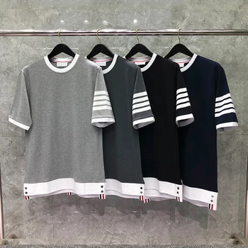 TB THOM Bărbați T-shirt din Bumbac Tricou Maneca Scurta Alb Cu 4 Bar Mozaic Bluze Design coreean Harajuku Top Femei