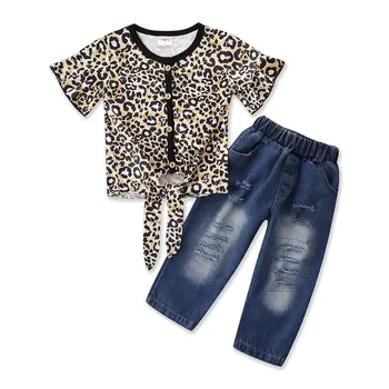 2021-04-12 Lioraitiin 1-6 ani Copilul mic Copil Fata de Vara de Îmbrăcăminte de Moda cu Maneci Scurte Leopard Imprimate de Sus Demin Pantaloni Lungi