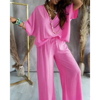 Toamna Femei V-Neck Batwing Maneca De Sus Și De Înaltă Talie Pantaloni Set Solid De Pijamale Cu Maneca Lunga Două Bucăți Homewear Casual Pijamale Set