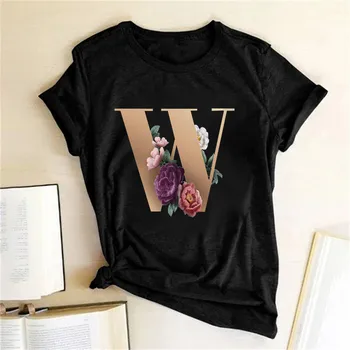 Nume Personalizat De Flori Litera W Font Combinație De Imprimare Femei T-Shirt Din Bumbac Cu Maneci Scurte Casual Liber Feminin Topuri Tricouri Haine