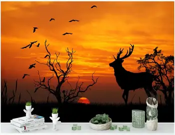 WDBH foto Personalizate 3d tapet Frumos apus de soare cerb pasăre care zboară pășuni living picturi murale 3d tapet pentru pereți 3 d