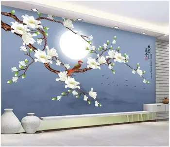 WDBH Personalizate murale 3d tapet Alb floare magnolia pasăre luna decor acasă 3d picturi murale tapet pentru pereti living 3 d