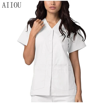 AIIOU Casual Asistenta Uniformă de Culoare Solidă Nursing Scrub Poarte Femeile Uniformă Clinica pentru animale de Companie V-neck Pocket Protecție Doctor Îmbrăcăminte de Lucru