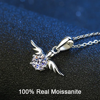 Real Moissanite Colier Argint 925 0.5 Ct Diamant Tăiat Rotund Aripi de Înger Pandantiv Colier pentru Femei Fete Promit Cadou
