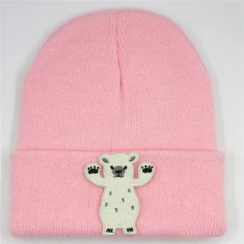 Iarna Bumbac Urs Mare Alb Broderie Îngroșa Pălărie Tricotate Pălărie Cald Chelioși Capac Beanie Hat pentru Barbati si Femei 122