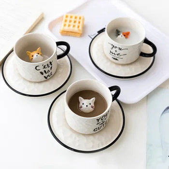 Creative Cana Ceramica cu Lingura în Tava Pisica Drăguț Relief Cafea Ceai Lapte se Ocupe de Ceașcă de Porțelan Cuplu Cana de Apa Noutate Cadouri
