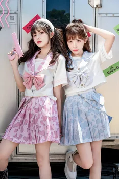 Leapord Fata Fierbinte Original Design Drăguț Japoneză Femei JK Set unitar: Scurt Mâneci Guler Marinar Bluza Camasa si Fusta & Arc